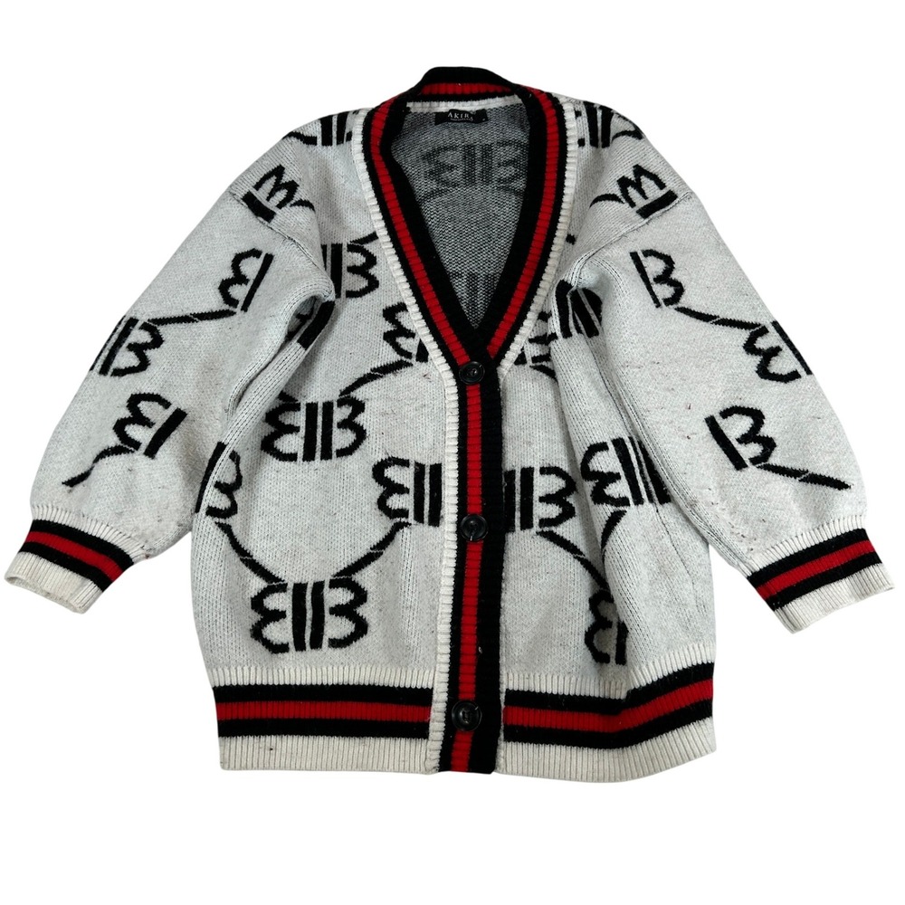 Akira Womens Monogram Cardigan Sweater White Black Red Logo Button Front Size M